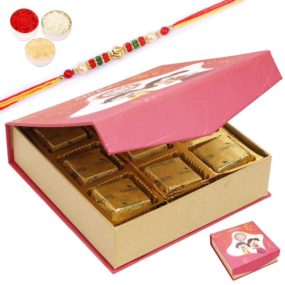 Ghasitaram Gifts Jaiccha Rakhi Gifts for Brothers - Raksha Bandhan Bites Box with Chocolates with Pearl Beads Rakhi