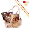 Ghasitaram Gifts Jaiccha Rakhi Gifts for Brothers Jute small basket with flower with Rakhi Pouch with bites and Cookies with 2 Rakhis view 1