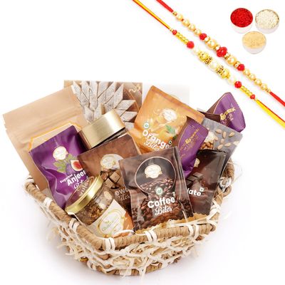 Ghasitaram Gifts Jaiccha Rakhi Gifts for Brothers - Jute Hexagon Basket with Bites and kaju Katli with 2 Rakhis