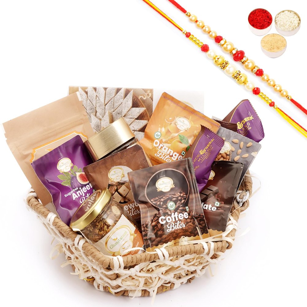 Ghasitaram Gifts Jaiccha Rakhi Gifts for Brothers - Jute Hexagon Basket with Bites and kaju Katli with 2 Rakhis