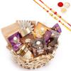Ghasitaram Gifts Jaiccha Rakhi Gifts for Brothers - Jute Hexagon Basket with Bites and kaju Katli with 2 Rakhis view 1