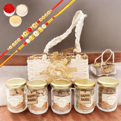 Ghasitaram Gifts Jaiccha Rakhi Gifts for Brothers - Jute small basket with flower with Rakhi Tags with 2 Rakhis