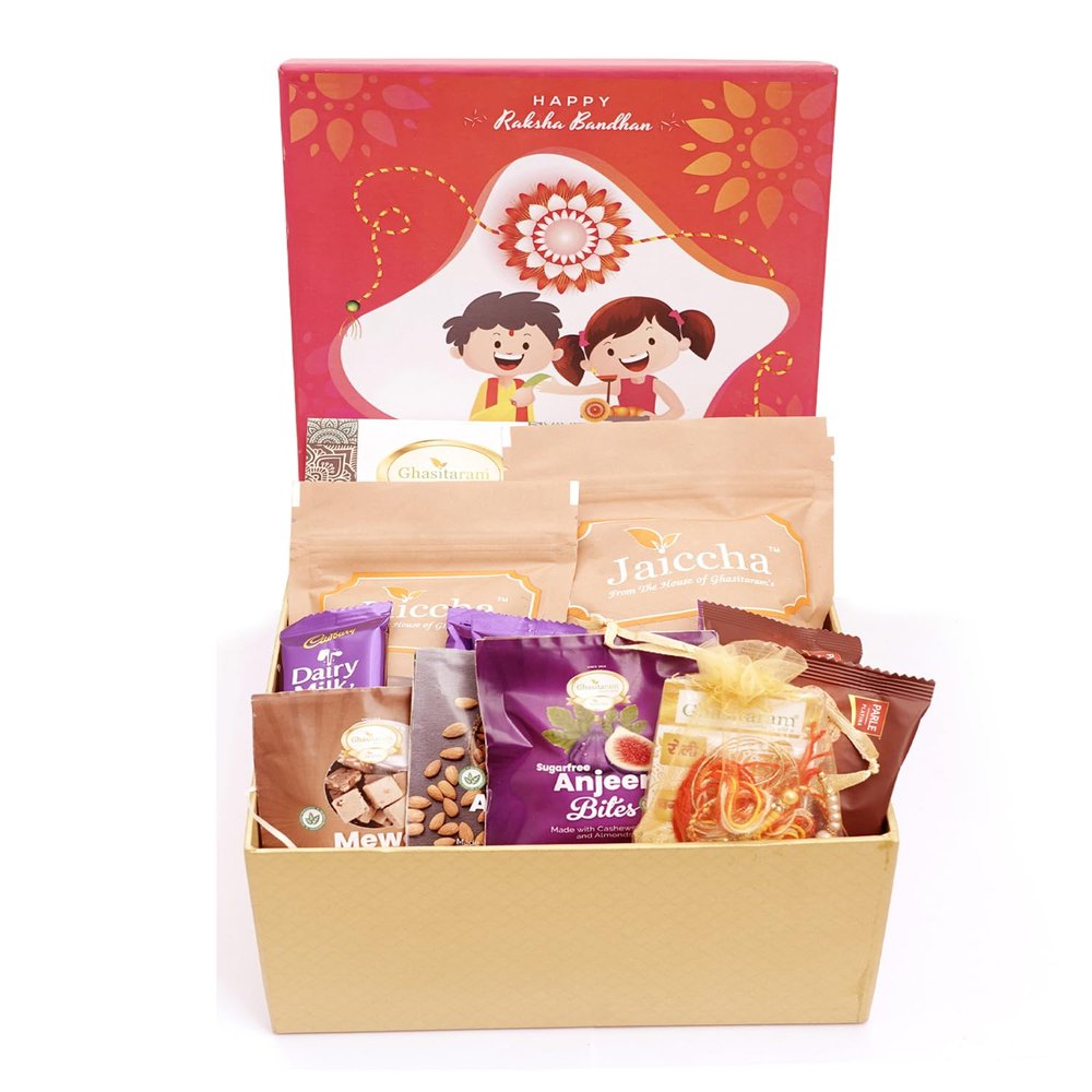 Ghasitaram Gifts Jaiccha Rakhi Gifts for Brothers - Raksha Bandhan Hamper Box with Sweets with Milk Cake with 2 Rakhis