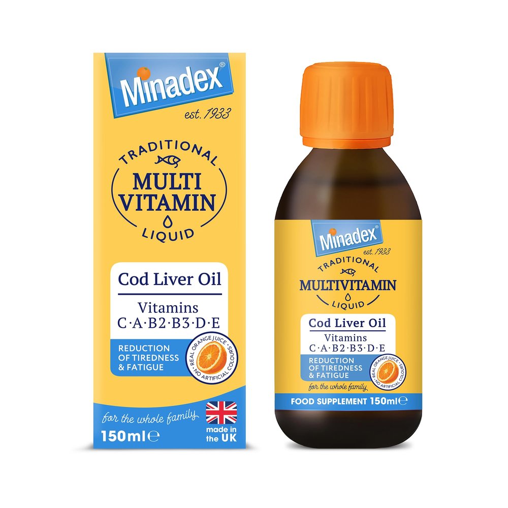 Minadex Multivitamin Liquid with Cod Liver Oil for Adults & Kids, Delicious Orange Flavour, Vitamins C, A, B2, B3, D, E & Omega-3, Boost Energy & Reduces Tiredness, Supports Immunity, 150 ml
