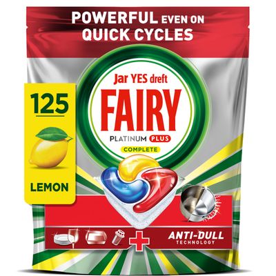Fairy Platinum Plus Complete All-in-1 Dishwasher Tablets, 125 Pack, Citrus. With anti-dull tech & rinse aid action for a deep clean. Effective in short cycles for sparkling dishes.