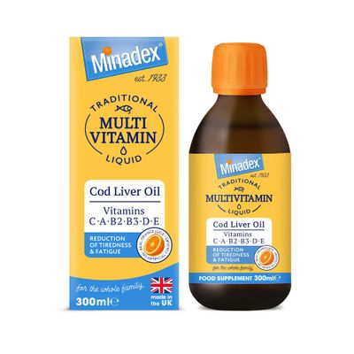 Minadex Multivitamin Liquid with Cod Liver Oil for Adults & Kids, Delicious Orange Flavour, Vitamins C, A, B2, B3, D, E & Omega-3, Boost Energy & Reduces Tiredness, Supports Immunity, 300ml