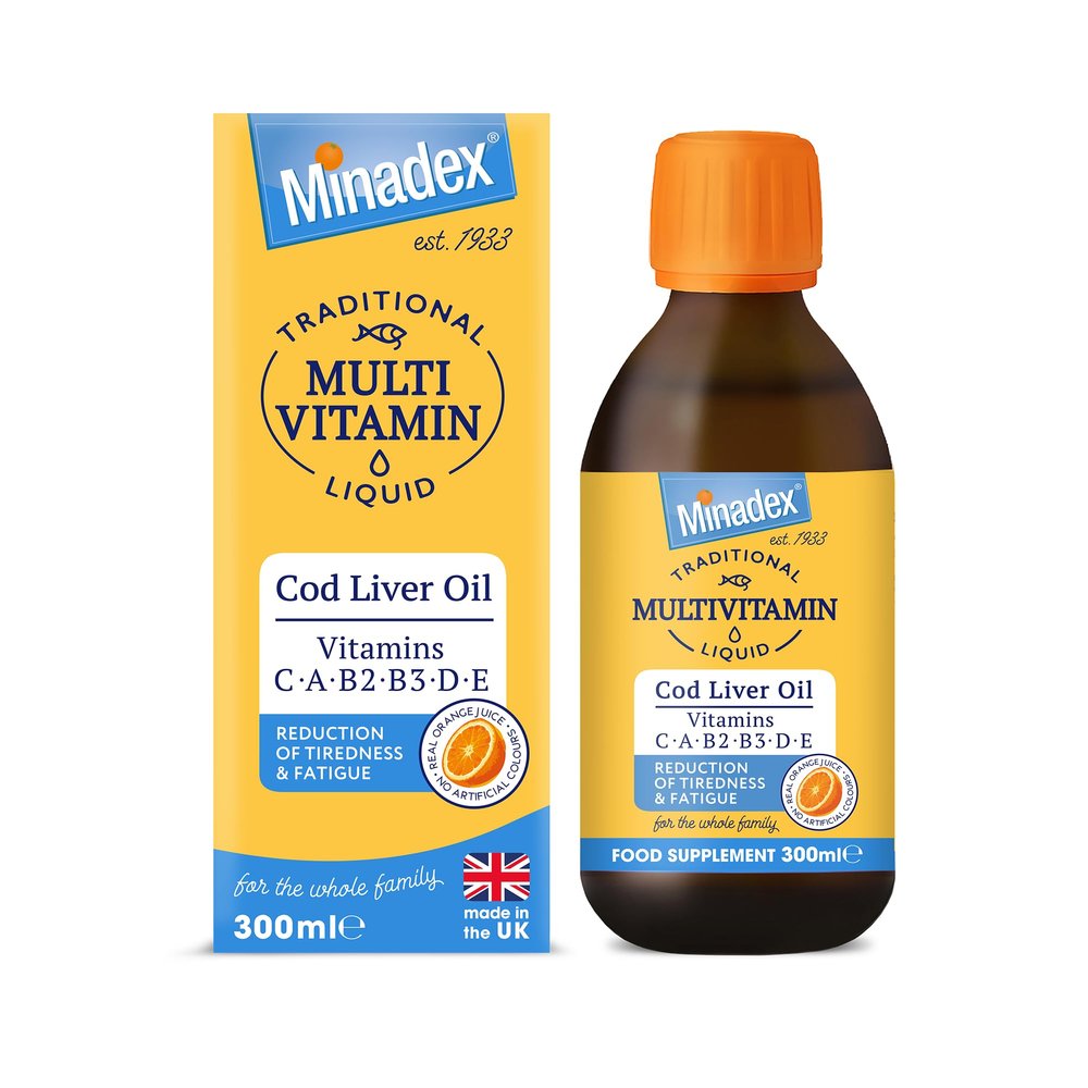 Minadex Multivitamin Liquid with Cod Liver Oil for Adults & Kids, Delicious Orange Flavour, Vitamins C, A, B2, B3, D, E & Omega-3, Boost Energy & Reduces Tiredness, Supports Immunity, 300ml