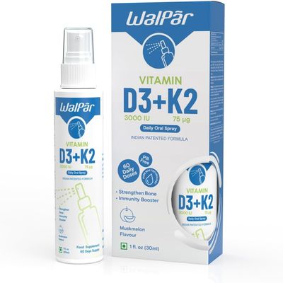 Vitamin D3 K2 Fast Acting Oral Spray, 3000 IU + MK7 Supplement for Strong Bones, Teeth & Immune Health, Blood Clotting Support, 2-Month Supply, Natural Muskmelon Flavour