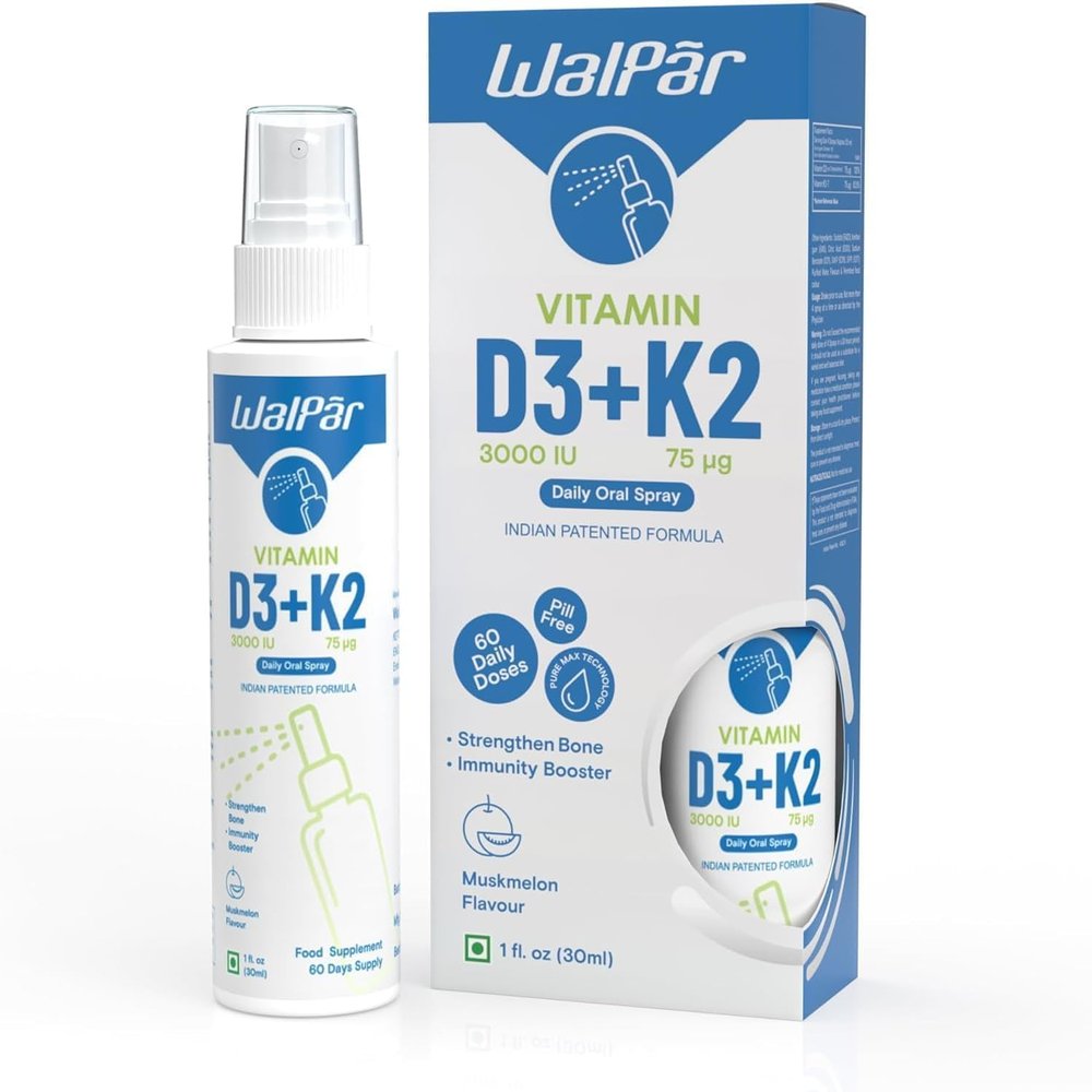 Vitamin D3 K2 Fast Acting Oral Spray, 3000 IU + MK7 Supplement for Strong Bones, Teeth & Immune Health, Blood Clotting Support, 2-Month Supply, Natural Muskmelon Flavour