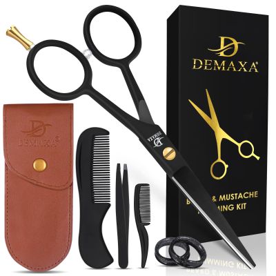 DEMAXA - 5" Professional Mustache Scissors Beard Scissors for Men with Slant Tweezers 1 Moustache Comb 1 Brush