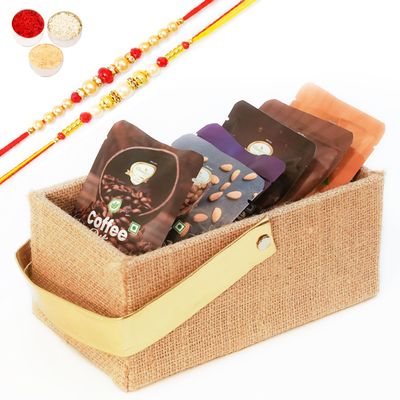 Ghasitaram Gifts Jaiccha Rakhi Gifts for Brothers - Jute Small tray of Assorted Bites and cookies with 2 Rakhis