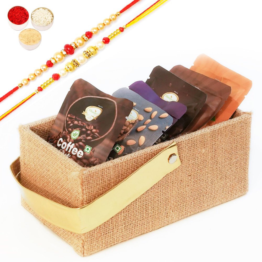 Ghasitaram Gifts Jaiccha Rakhi Gifts for Brothers - Jute Small tray of Assorted Bites and cookies with 2 Rakhis