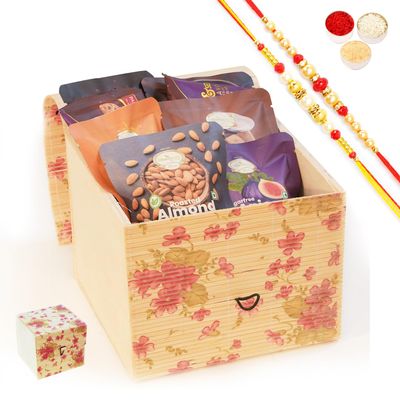 Ghasitaram Gifts Jaiccha Rakhi Gifts for Brothers - Bamboo Box Of Bites and Cookies with 2 Rakhis