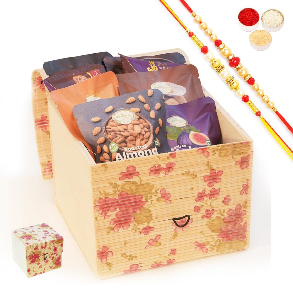 Ghasitaram Gifts Jaiccha Rakhi Gifts for Brothers - Bamboo Box Of Bites and Cookies with 2 Rakhis