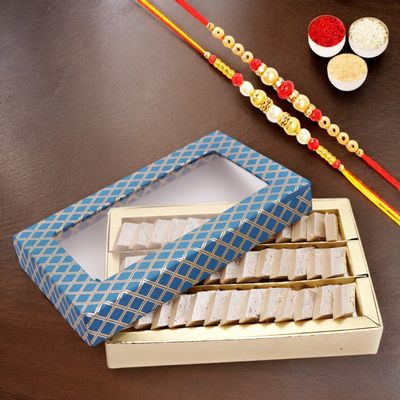 Ghasitaram Gifts Jaiccha Rakhi Gifts for Brothers - Mini Kaju Katli Blue Box with 2 Rakhis