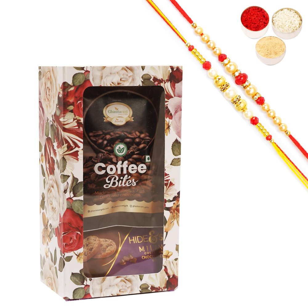Ghasitaram Gifts Jaiccha Rakhi Gifts for Brothers - White flower box of Bites and Cookies with 2 Rakhis