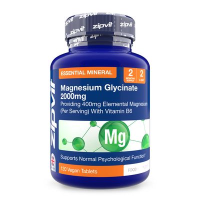 Zipvit Magnesium Glycinate 2000mg with 400mg Elemental, Plus Vitamin B6, 120 Vegan Tablets, High Strength Magnesium Supplements