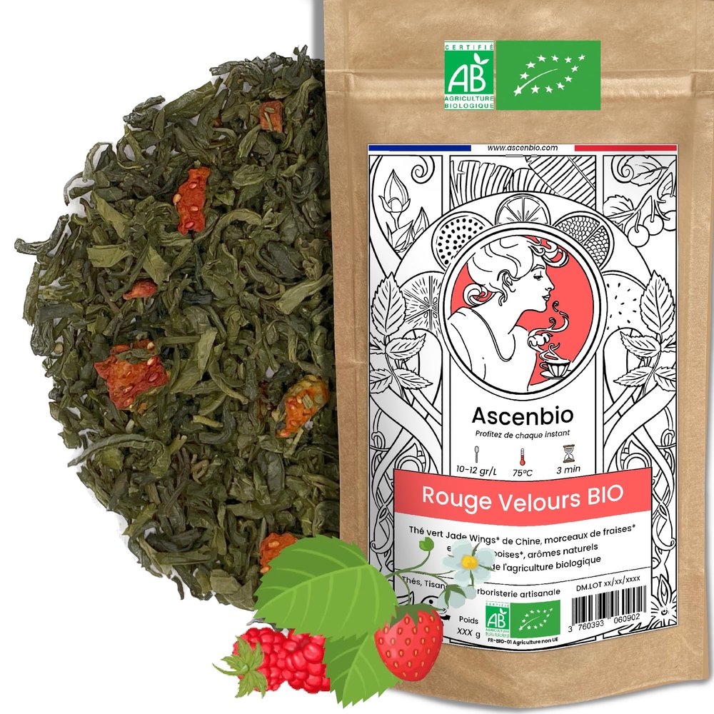 Ascenbio - Green Tea - Organic Velvet Red - 180g Bulk - Prepared and packaged in France - Biodegradable Packaging
