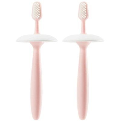 ZUMAHA Pink Kids Toothbrush, Manual Toothbrush with Suction Base, Pack of 2 Infant Silicone Toothbrushes for Ages 1-3 Years