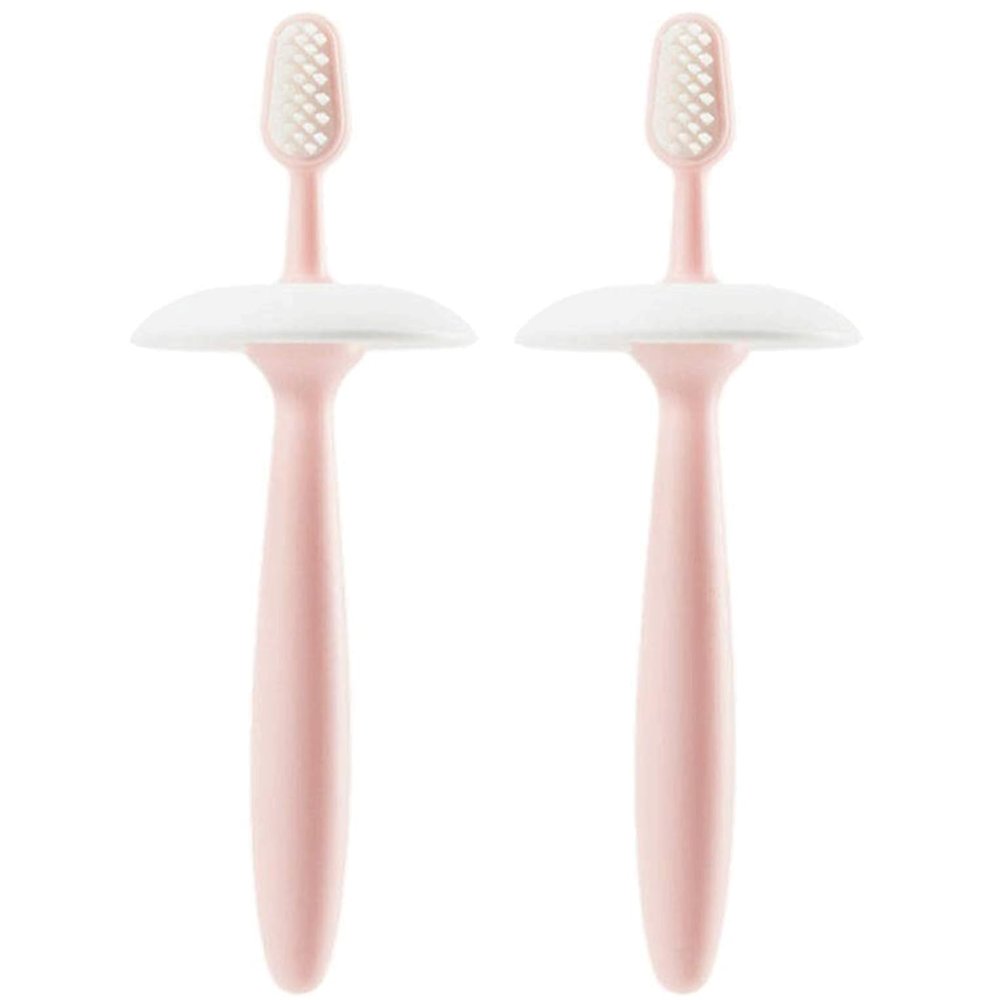 ZUMAHA Pink Kids Toothbrush, Manual Toothbrush with Suction Base, Pack of 2 Infant Silicone Toothbrushes for Ages 1-3 Years