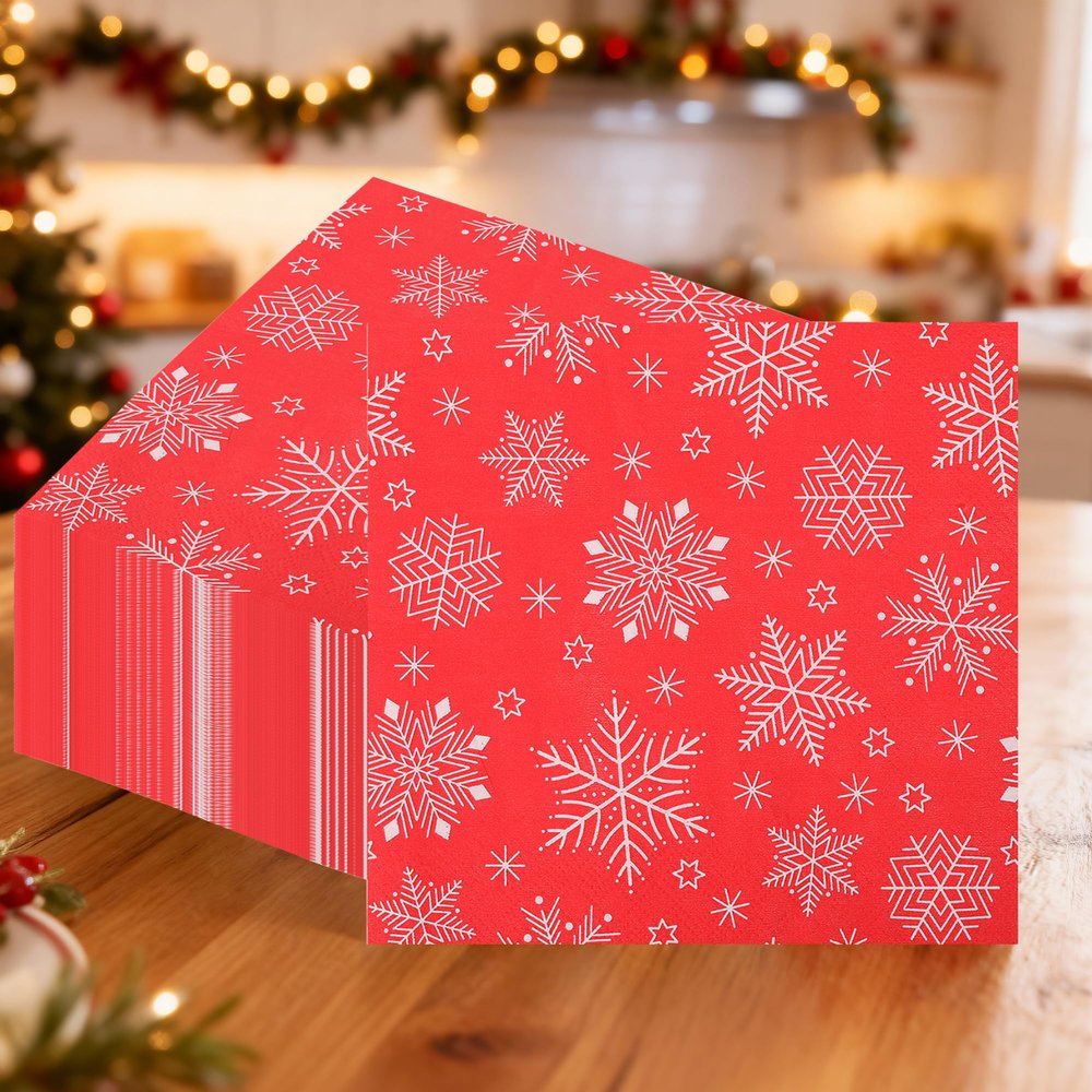 20pcs Red Christmas Party Disposable Paper Napkins 2 Ply Napkins Holiday 33cm x 33cm Cocktail Napkins Serviette for New Year Winter Dinner Party Supplies Decoration, Snowflakes Printed
