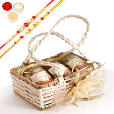 Ghasitaram Gifts Jaiccha Rakhi Gifts for Brothers - Jute small basket with flower 3 jars with 2 Rakhis