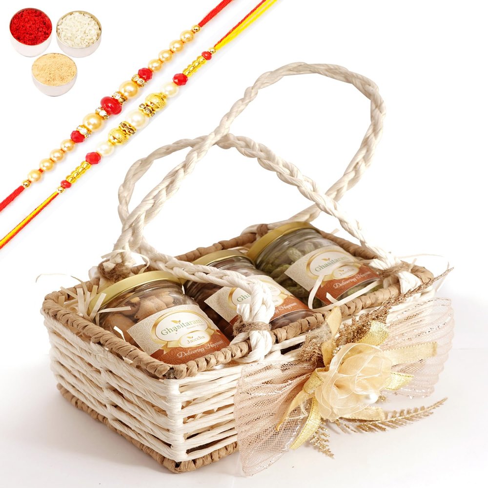 Ghasitaram Gifts Jaiccha Rakhi Gifts for Brothers - Jute small basket with flower 3 jars with 2 Rakhis