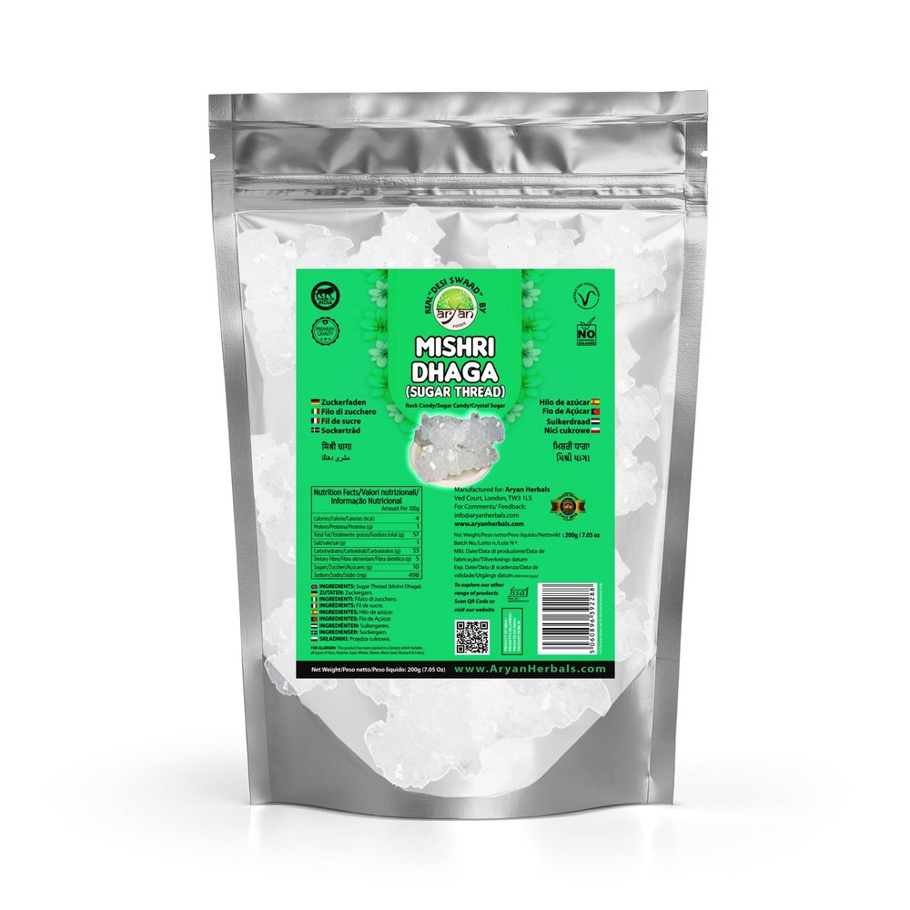 Aryan Mishri Dhaga Sugar Thread Rock Sugar Candy Crystal Sugar, No Artificial Colors & Preservatives, Natural & Vegan (200gm (Pack of1))
