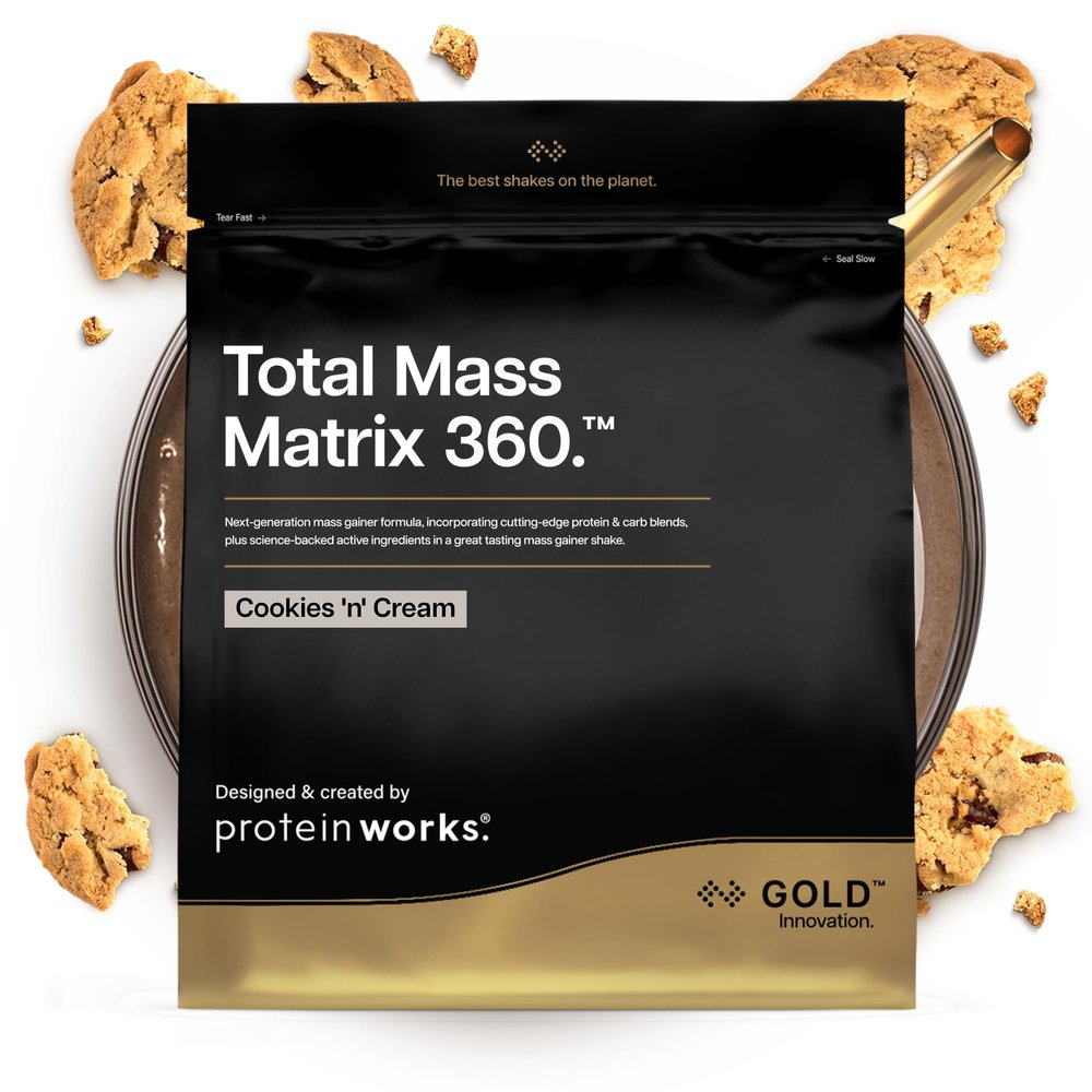 Protein Works | Total Mass Matrix 360 - Gold Innovation, Tri Protein Blend, Mass Gainer Protein Powder, Creatine Monohydrate, Glutamine, Vitamins & Minerals, Chocolate Bueno, 5 Servings, 1.32kg