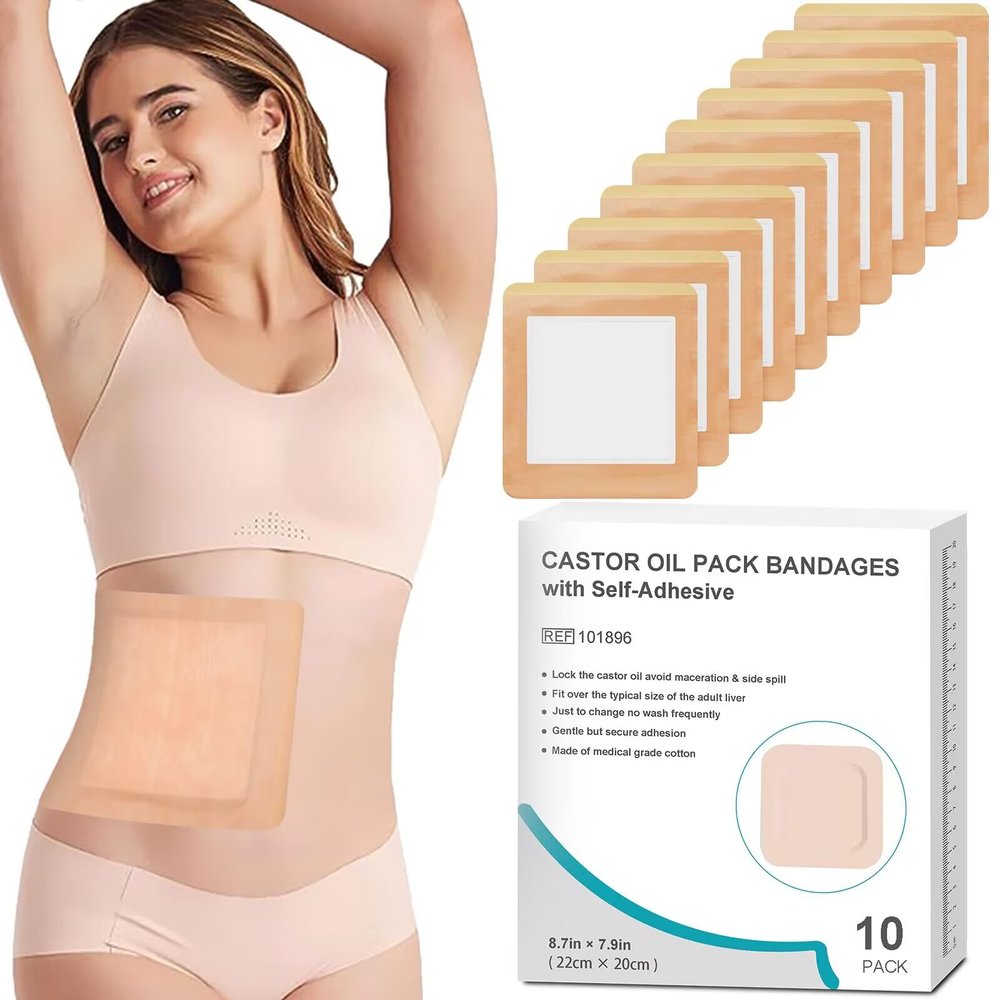 Hbaid 10 PCS Castor Oil Pack Wrap, Packs for Liver Detox Aid Sleep, Highly Absorbent Self-Adhesive Organic Cotton - UK Patent Protected No Wash Easy to Use Anti-Seepage (Oil Not Included)