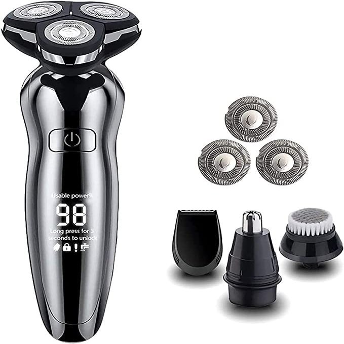 CAFFIA Mens Electric Shaver Razor Beard Trimmer Rotary Shaver Cordless Sideburn Trimmer Nose Trimmer Wet Dry Shaver Waterproof USB Rechargeable 4 in 1
