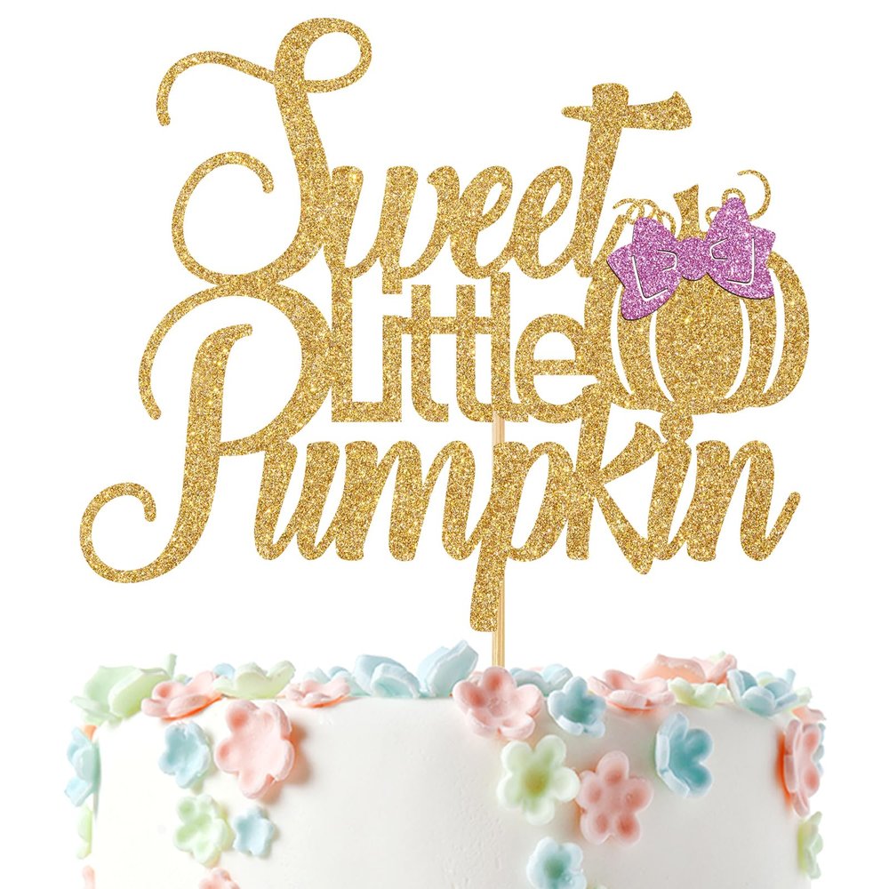 Sweet Little Pumpkin Cake Topper, Little Pumpkin Baby Shower Decorations for Girl, Fall Autumn Baby Shower/Halloween Thanksgiving Baby Gender Reveal Party Decorations Supplies, Gold and Pink Glitter