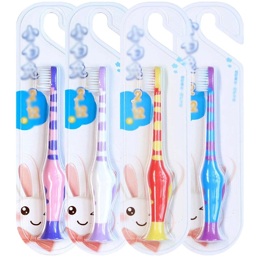 ZUMAHA Cute Toothbrush with Extra Soft Bristles, Toddler Toothbrushes Ages 1-12, Portable Pack of 4 Kids Manual Toothbrush