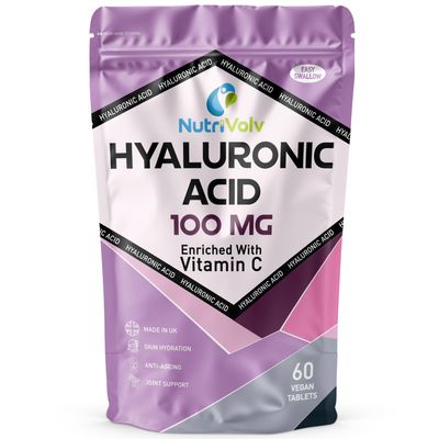 Hyaluronic Acid 100mg & Vitamin C | 60 Tablets | Vegan | for Men & Women | Healthy Skin Bones Anti Ageing | by NutriVolv