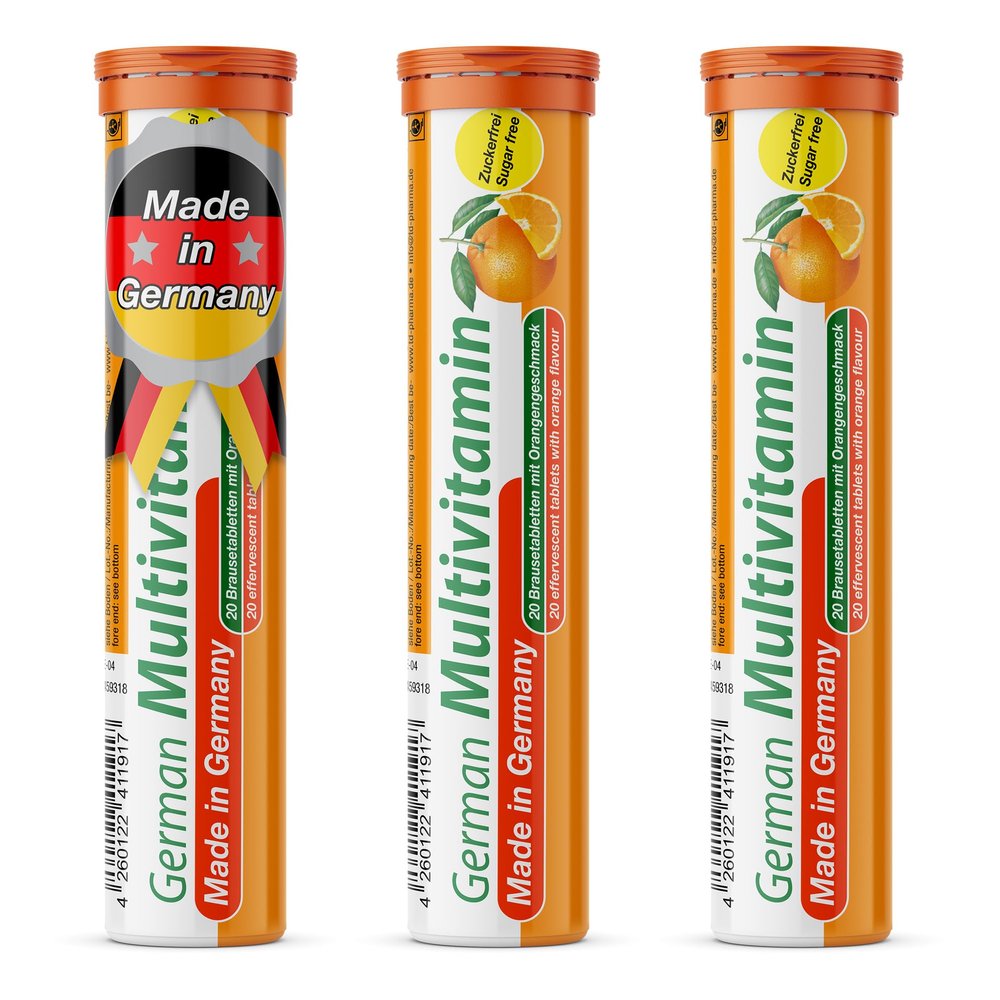 German Multivitamin Drink Effervescnet Tablets 60 Servings Orange Flavour - Vitamin C, E, B1, B2, B6, B12, Biotin, Folic Acid, Niacin, Pantothenic Acid  T&D Pharma  Made in Germany