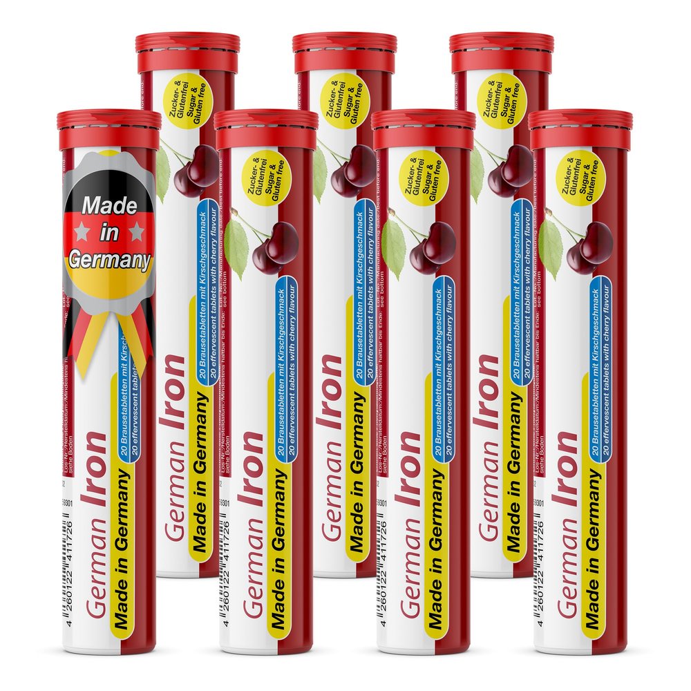 German Iron Drink Effervescent Tablets 140 Servings - Cherry Flavour  14 mg Iron, Sugar Free, Vegan  T&D Pharma  Made in Germany