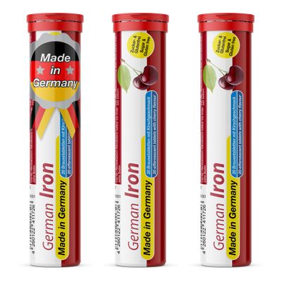 German Iron Drink Effervescent Tablets 60 Servings - Cherry Flavour  14 mg Iron, Sugar Free, Vegan  T&D Pharma  Made in Germany