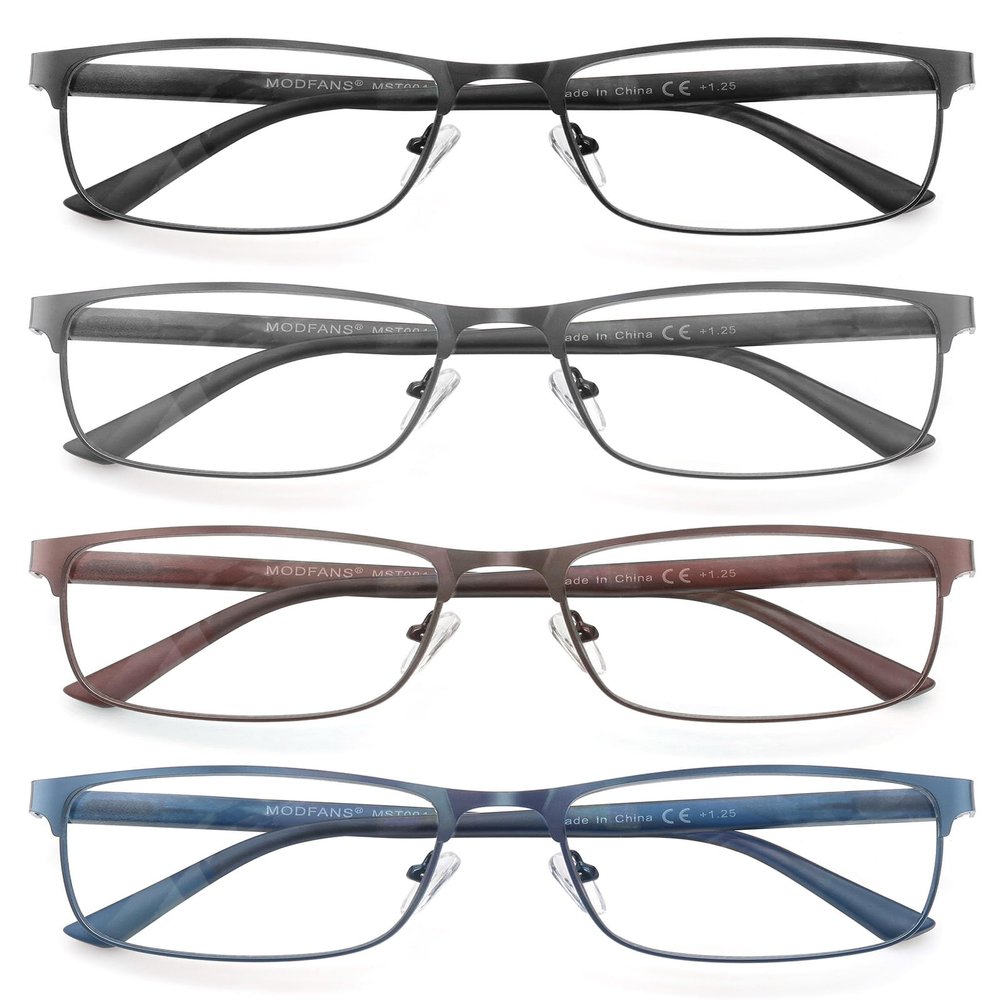 MODFANS 4 Pack Reading Glasses 1.75 Men Blue Light Blocking Metal Frame Rectangle Style Stainless Steel Material Readers Glasses Black Grey Blue Brown