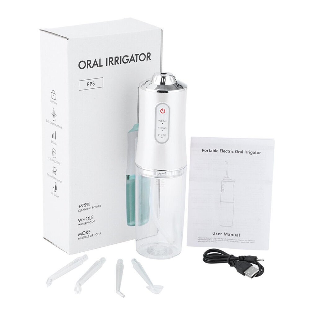BODYA 220ml Electric Waterproof Cordless Water Flosser Dental Oral Irrigator Teeth Cleaner with 4 Jet Tips, 3 Pressure Mode (White)