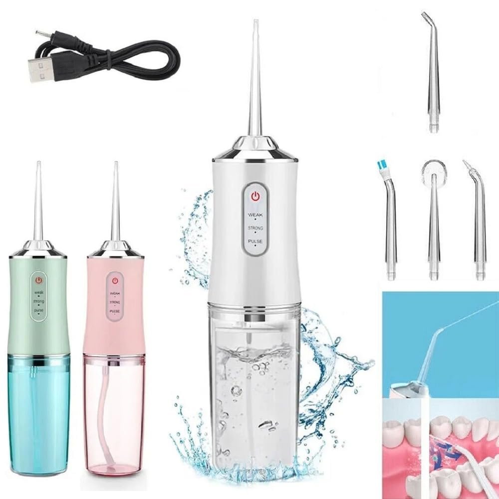 220ml Electric Oral Irrigator Cordless,USB Rechargeable Dental Water Flosser with 4 Nozzles and 3 Pressure Modes,Teeth Cleaning and Whitening 4 Jet Tip IPX7 Waterproof Teeth Cleaner (White)