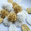 12x White Gold Roses Leaves Cake Toppers, Edible Birthday, Christening, Gold Wedding Anniversary Cake Decorations, Sugar Flowers Cupcake Toppers view 2