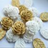 12x White Gold Roses Leaves Cake Toppers, Edible Birthday, Christening, Gold Wedding Anniversary Cake Decorations, Sugar Flowers Cupcake Toppers view 4