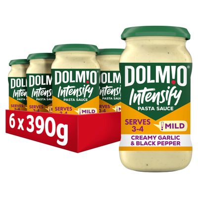 Dolmio Intensify Pasta Sauce Mild Creamy Garlic & Black Pepper Jar, perfect for a quick pasta meal for 3-4, Bulk Multipack 6 x 390g