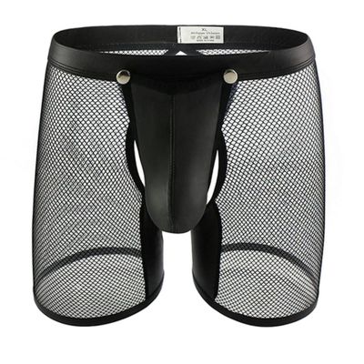 VOIV Men Sexy Boxer Shorts Removable PU Pouch Crotchless Underwear Open Butt Trunks See Through Mesh Lingerie