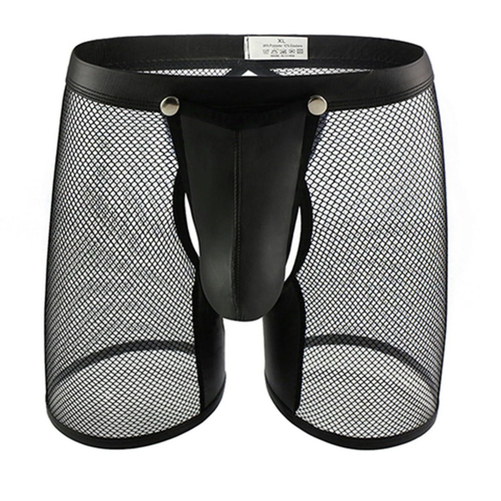 VOIV Men Sexy Boxer Shorts Removable PU Pouch Crotchless Underwear Open Butt Trunks See Through Mesh Lingerie