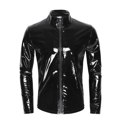 VOIV Men Sexy Shiny Wetlook Leather Shirt Shaping Sheath Casual Coat Male Glossy PVC Leather Jacket Tops