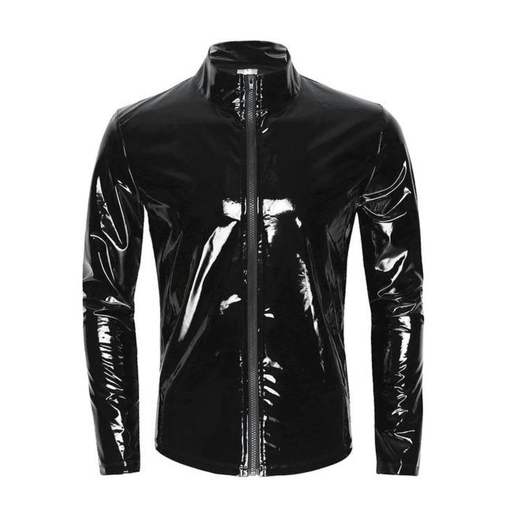 VOIV Men Sexy Shiny Wetlook Leather Shirt Shaping Sheath Casual Coat Male Glossy PVC Leather Jacket Tops