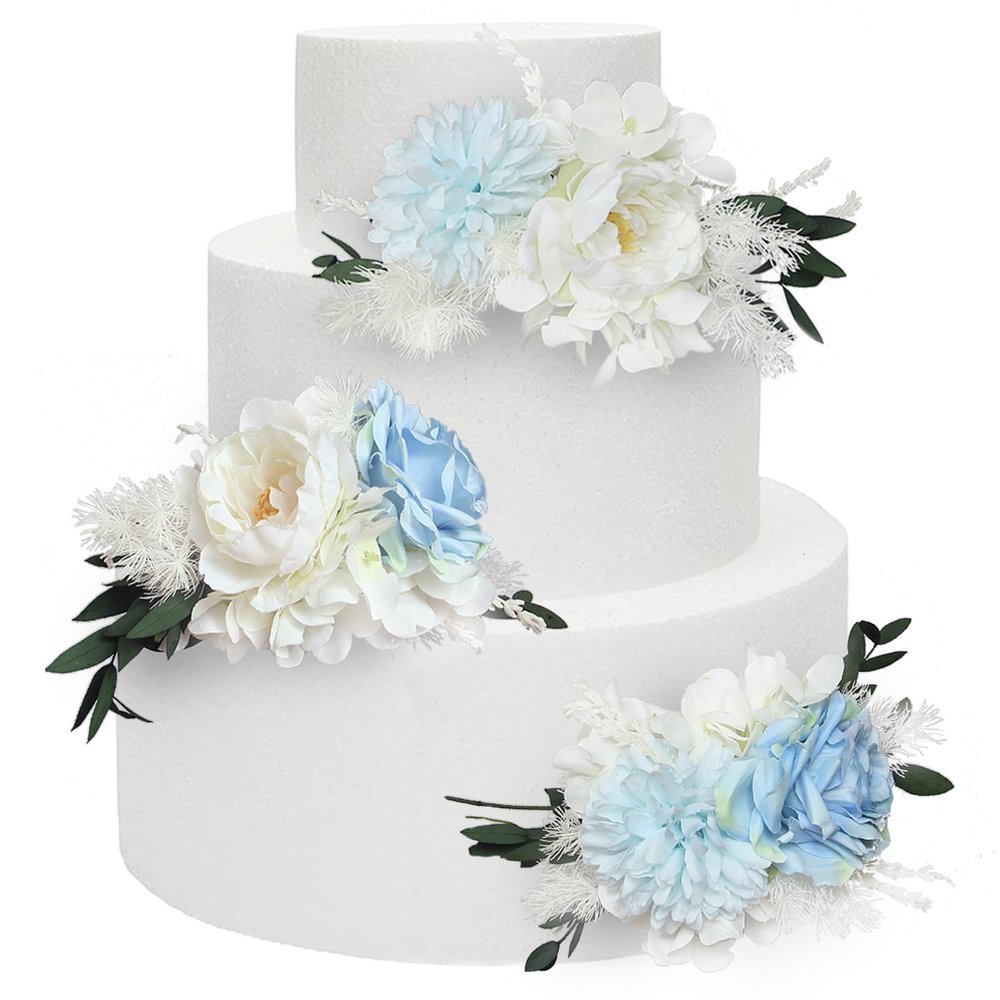 Rinlong 3Pcs Pre-made Baby Blue Cake Decorating Flowers Cake Toppers Cake Decorations Wedding Decor Birthday Bridal Shower Cake Topper
