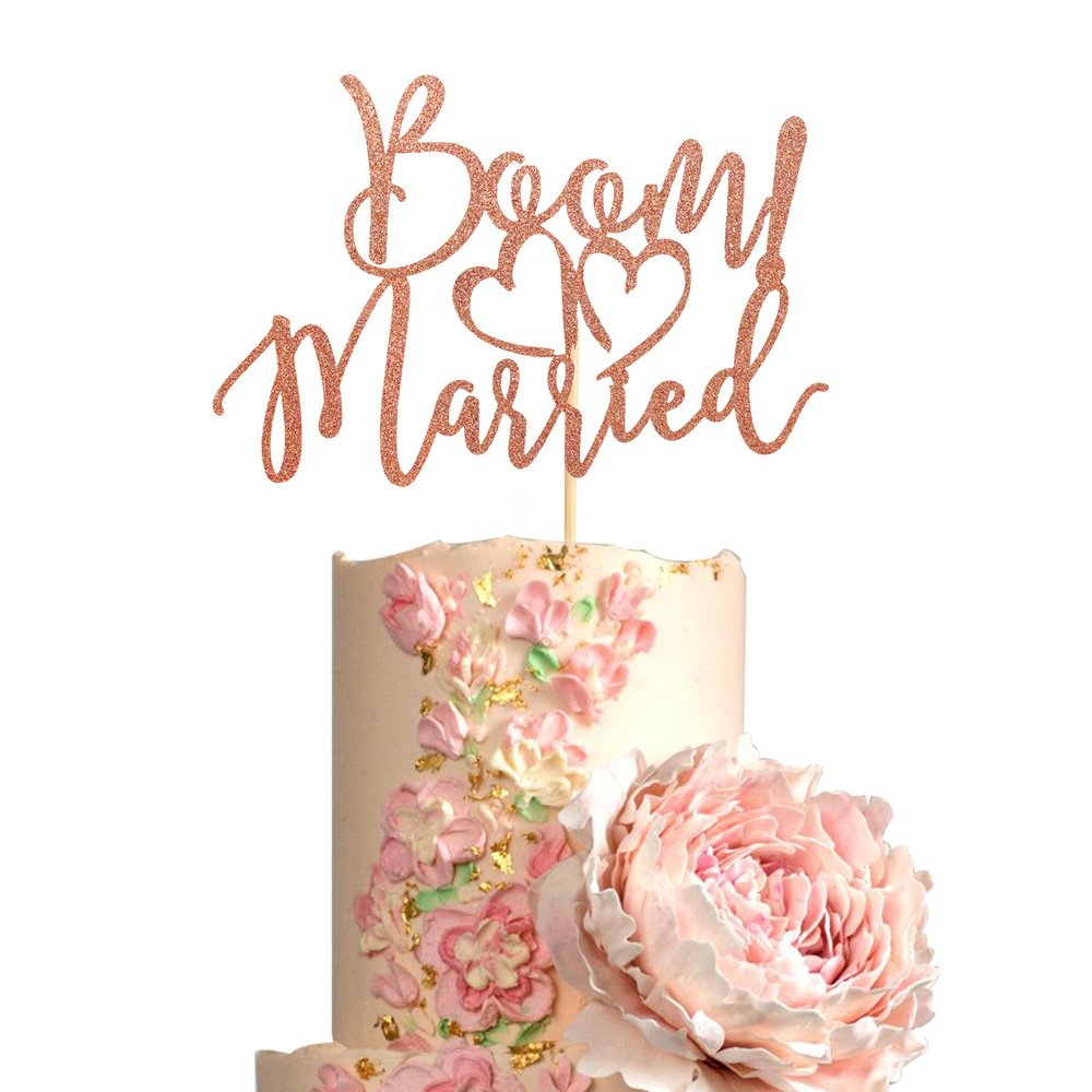 Arthsdite BOOM! Married Wedding Cake Topper, Funny Quirky, Nerdy Topper, Married Bridal Shower, Engagement Wedding Party Supplies - Rose Gold Glitter