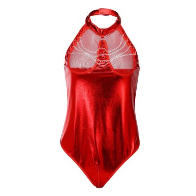 Women's One Piece Leather Sleeveless Bodysuit Women Halter Neck Hollow Bust with Metal Chain Sexy Underwear High Cut Waist Wet Look Club Nightwear Patent Slim Costume Sexy Lingerie for Women UK